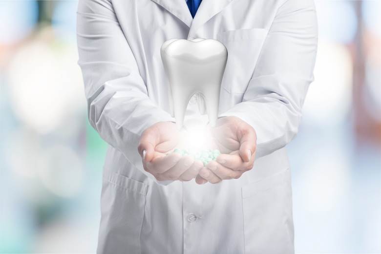 Dentist holding molar in palms of hands